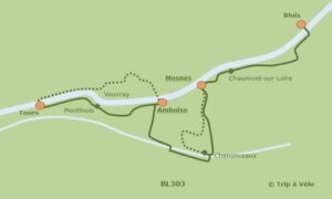Carte de l'itinéraire à vélo BL303 : Blois, Chaumont-sur-Loire, Mosnes, Chenonceaux, Amboise puis Tours par Montlouis ou Vouvray